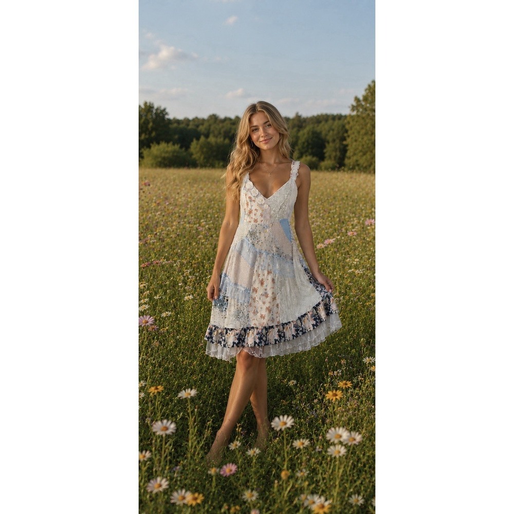 Floral Lace-Trim V-Neck Summer Dress in White and Blue